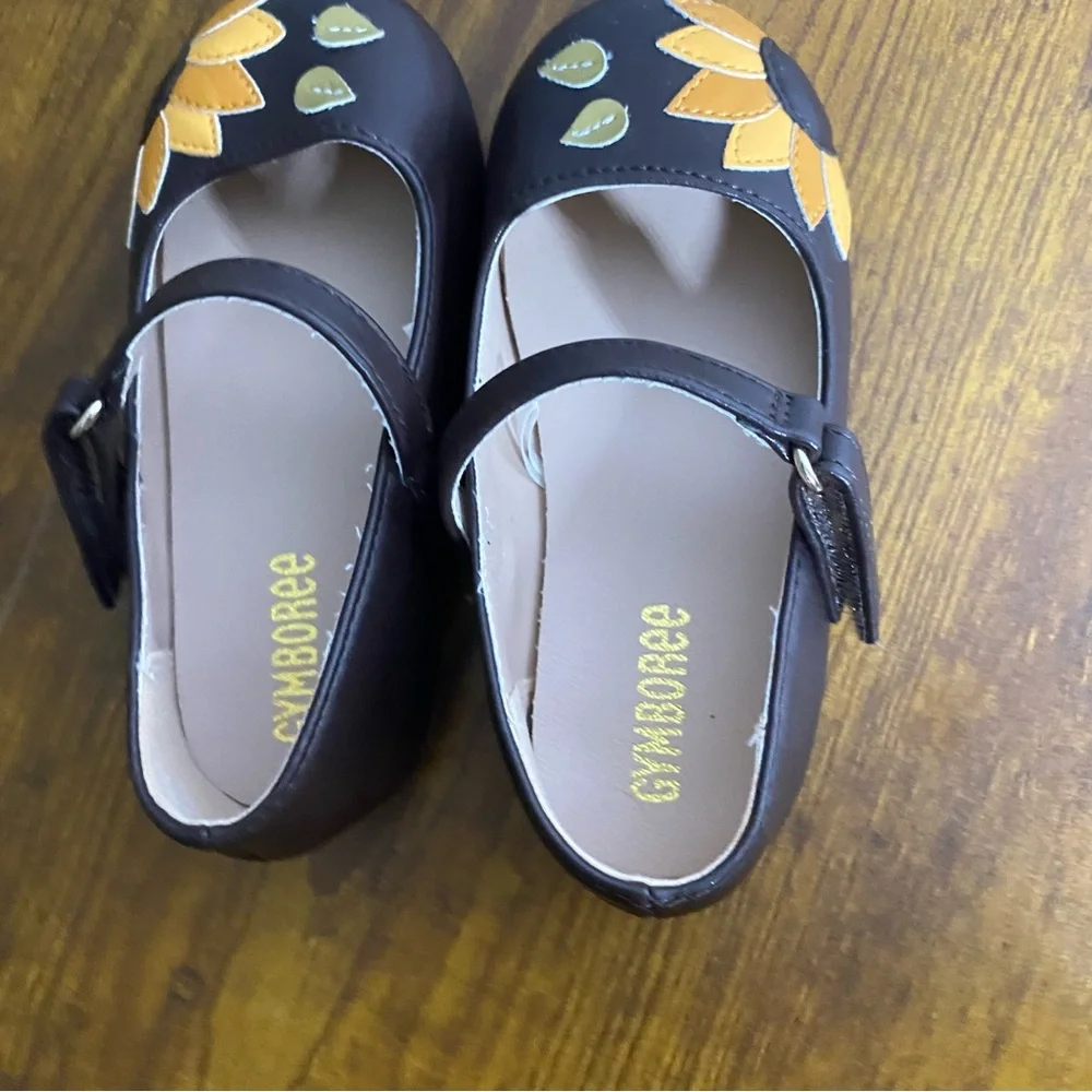 Gymboree Girls Brown Mary Jane Shoes Yellow Sunflower Accent toddler baby size 7